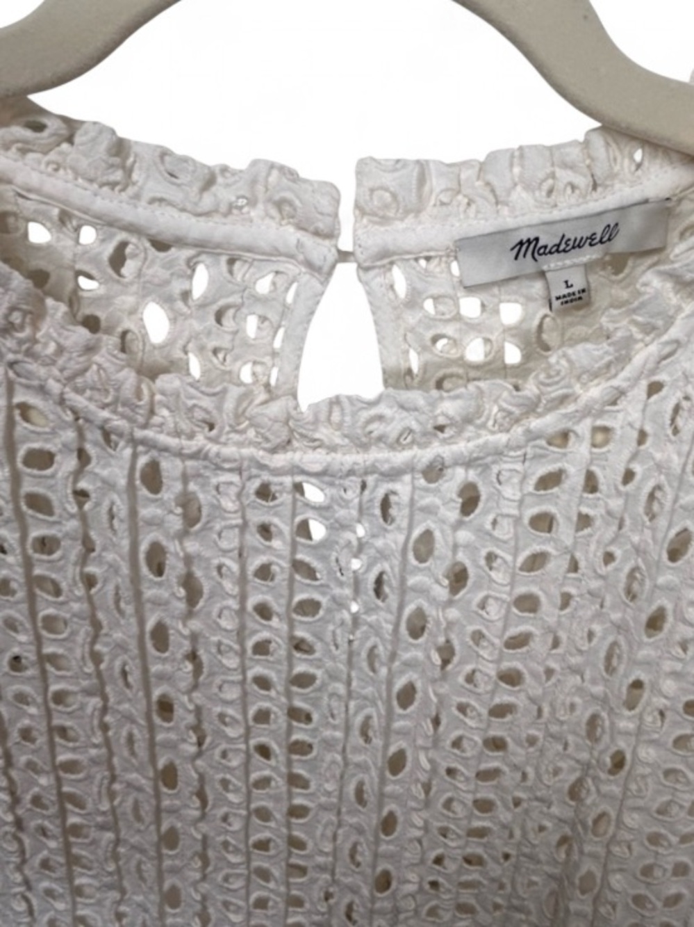 Madewell White Eyelet Ruffle-Sleeve Pintuck Mini Dress. 100% Cotton, Size L - Picture 4 of 9